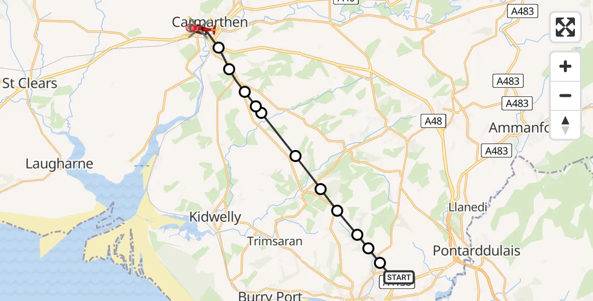 Flight route Air Ambulance Helicopter Dafen - Carmarthen, 24 June 2026, 11:05