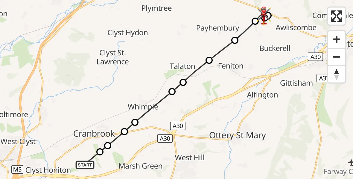 Flight route Air Ambulance Helicopter Exeter International Airport - East Devon, 24 June 2026, 11:36