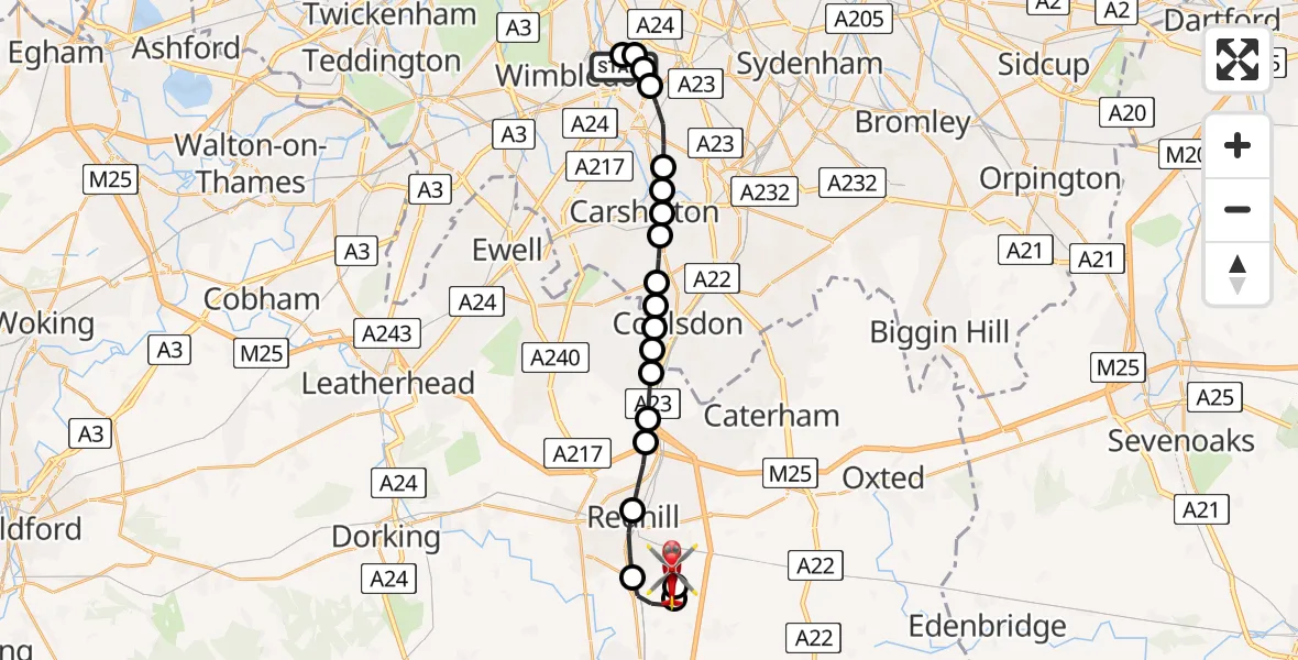 Flight route Air Ambulance Helicopter St Georges Hospital - Redhill Aerodrome, 24 June 2026, 11:35