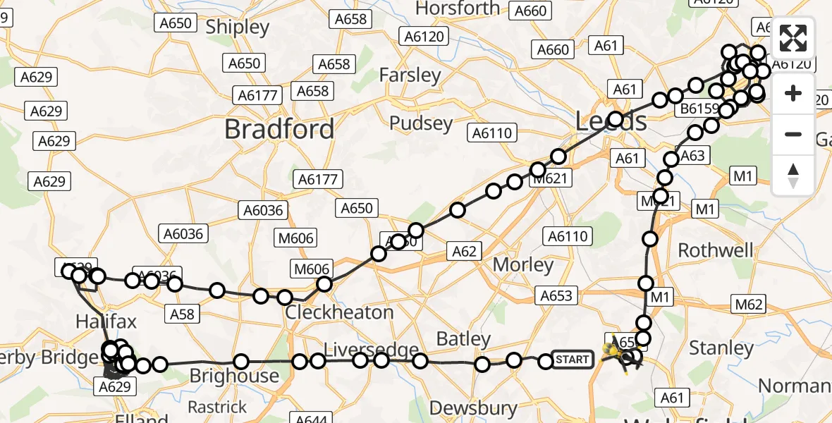 Flight route Police Helicopter Woodkirk - East Ardsley, 24 June 2026, 11:41