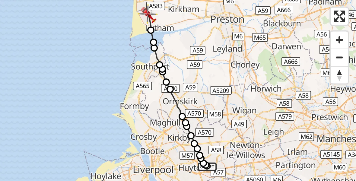 Flight route Air Ambulance Helicopter St Helens - Lytham St Annes, 24 June 2026, 11:46