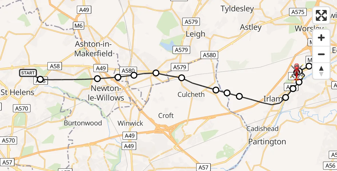 Flight route Air Ambulance Helicopter St Helens - Manchester Barton Aerodrome, 24 June 2026, 11:46