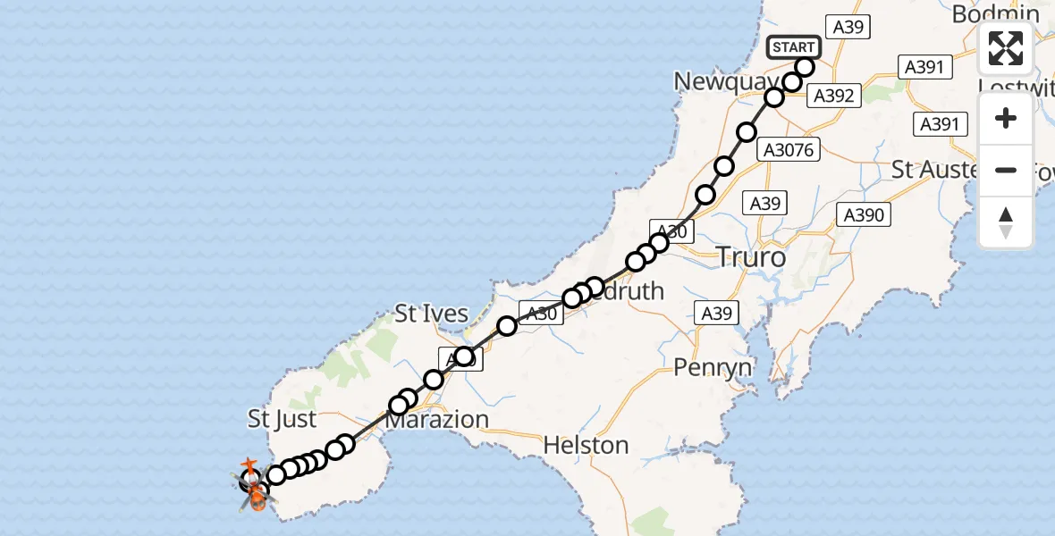 Flight route Coastguard Helicopter Cornwall Airport Newquay - Sennen Cove, 24 June 2026, 11:47