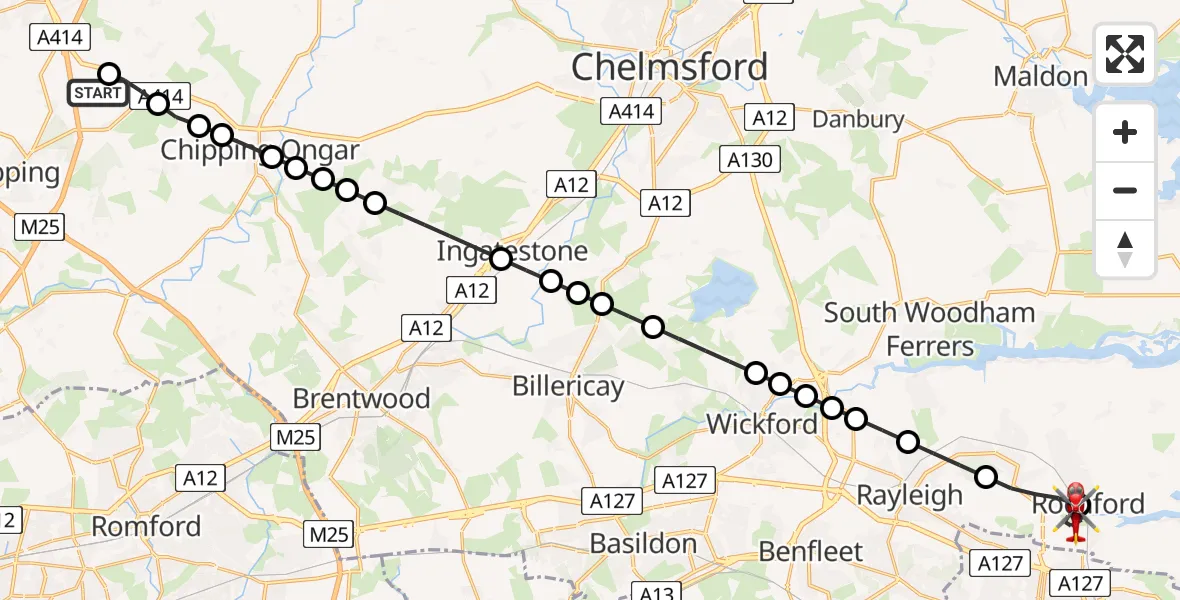 Flight route Air Ambulance Helicopter North Weald Airfield - London Southend Airport, 24 June 2026, 11:48