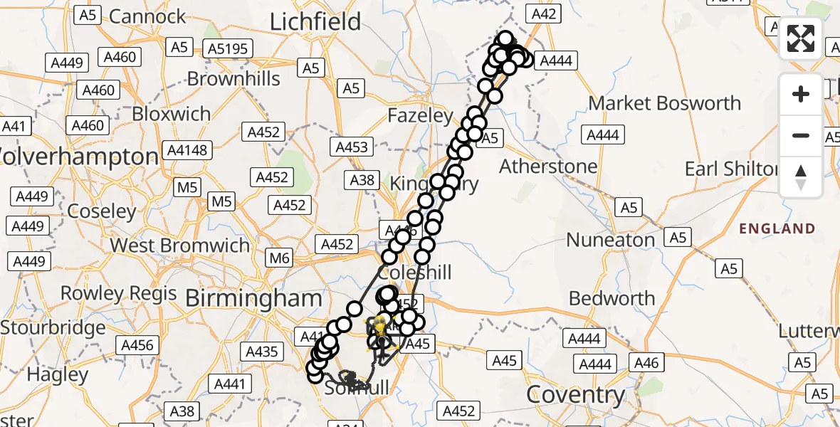 Flight route Police Helicopter Birmingham Airport - Birmingham Airport, 24 June 2026, 11:48