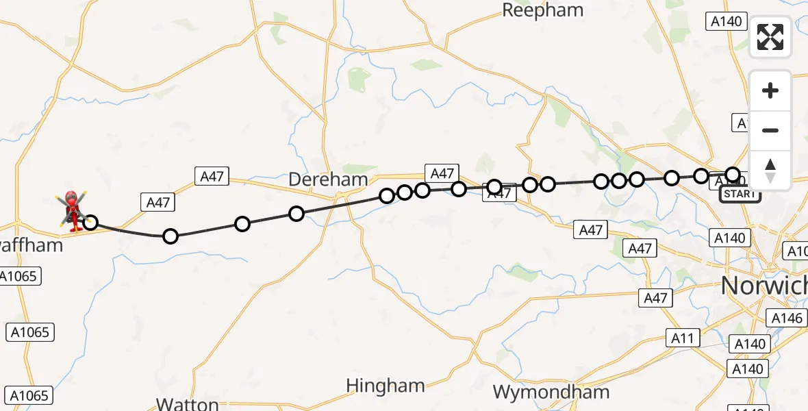 Flight route Air Ambulance Helicopter Norwich Airport - Sporle, 24 June 2026, 11:49