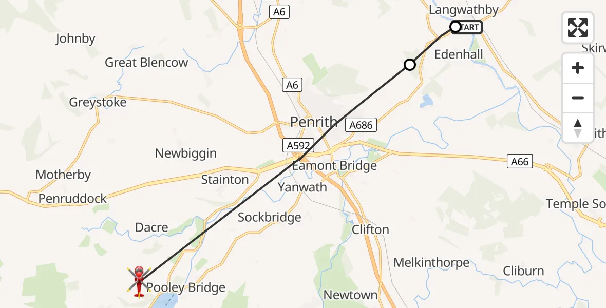 Flight route Air Ambulance Helicopter Edenhall - Dacre, 24 June 2026, 11:50