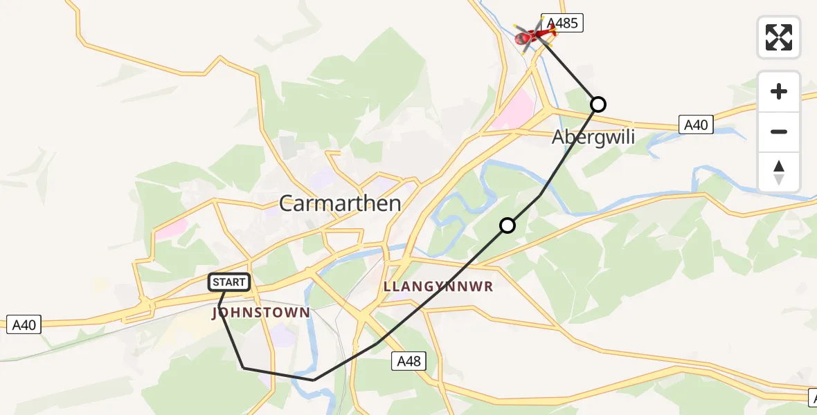 Flight route Air Ambulance Helicopter Carmarthen - Abergwili, 24 June 2026, 12:08