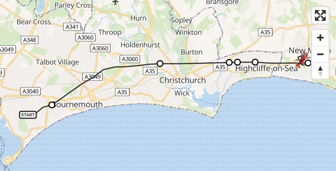 Flight route Air Ambulance Helicopter Poole - New Milton, 24 June 2026, 12:18