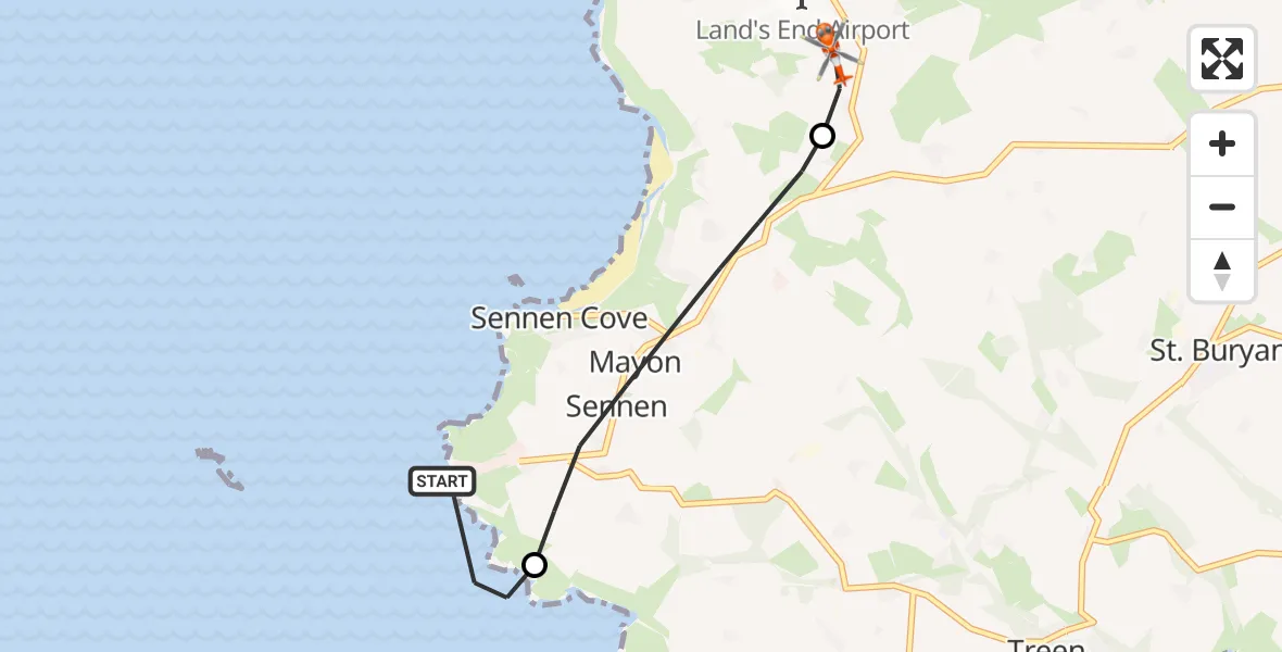 Flight route Coastguard Helicopter Sennen Cove - St Just, 24 June 2026, 12:19