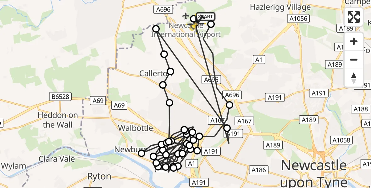 Flight route Police Helicopter Newcastle International Airport - Newcastle International Airport, 24 June 2026, 12:21