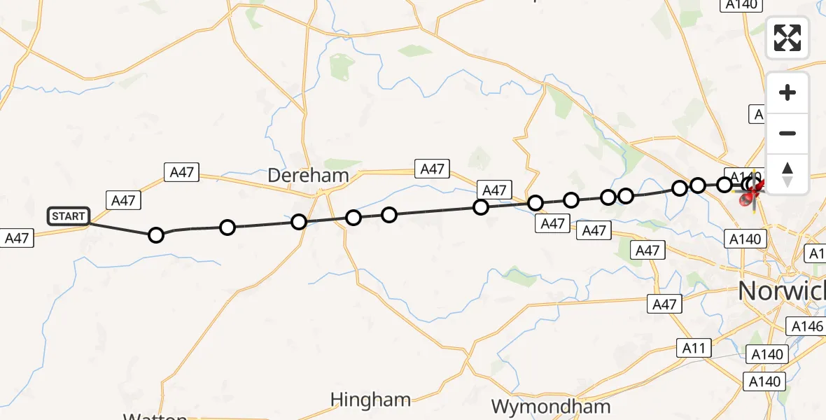 Flight route Air Ambulance Helicopter Necton - Norwich Airport, 24 June 2026, 12:23