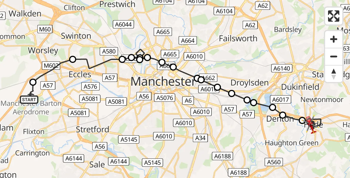 Flight route Air Ambulance Helicopter Manchester Barton Aerodrome - Hyde, 24 June 2026, 12:37
