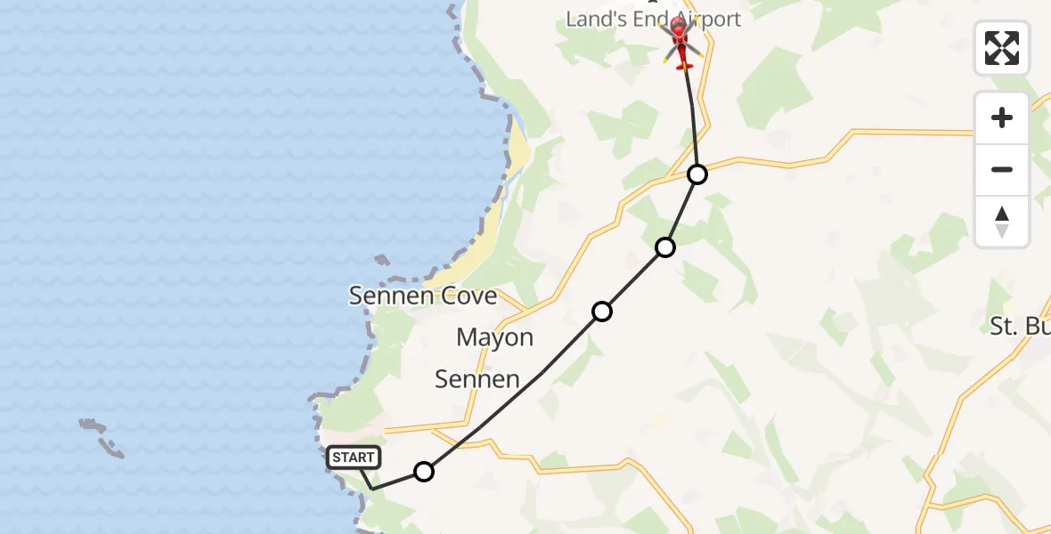 Flight route Air Ambulance Helicopter Sennen Cove - Land's End Airport, 24 June 2026, 12:37