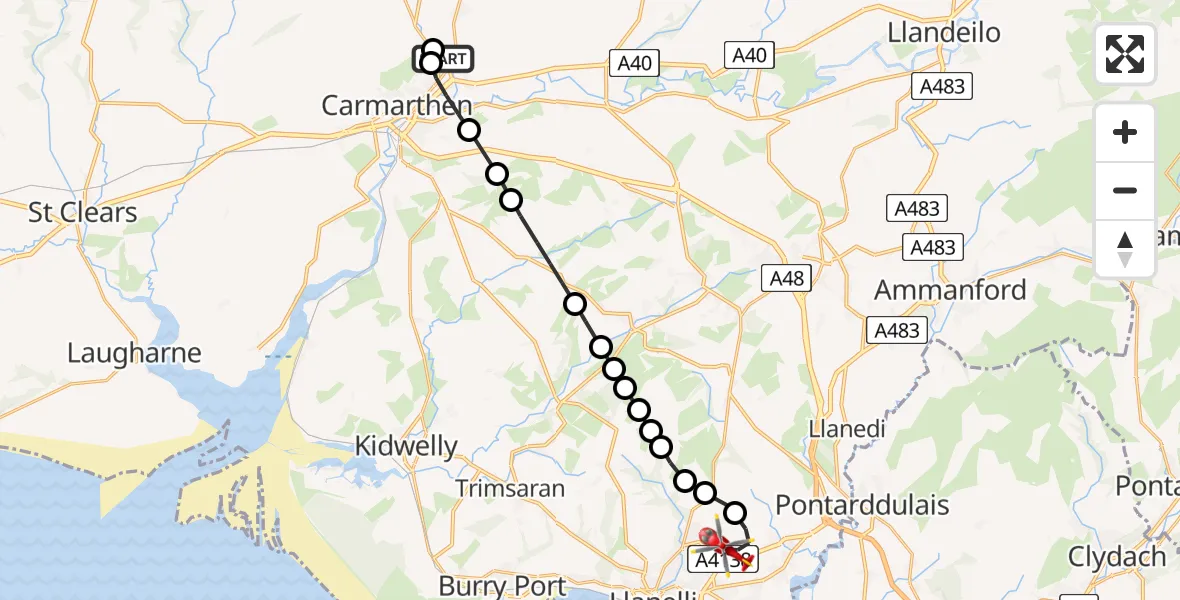 Flight route Air Ambulance Helicopter Abergwili - Dafen, 24 June 2026, 12:39