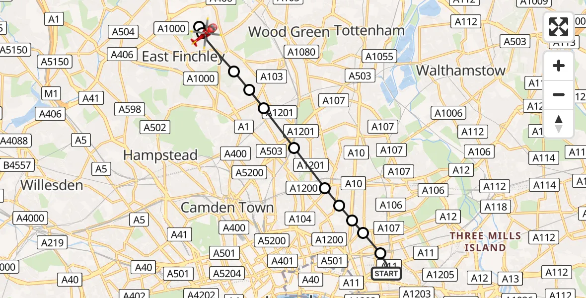 Flight route Air Ambulance Helicopter Royal London Hospital - Muswell Hill, 24 June 2026, 12:42