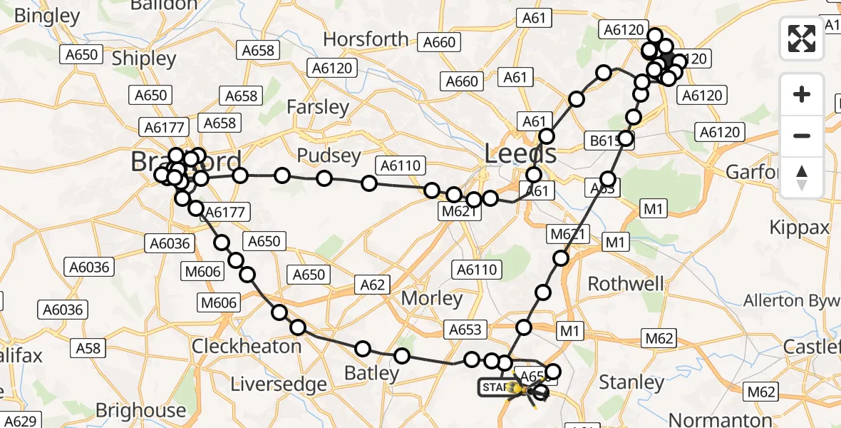 Flight route Police Helicopter East Ardsley - East Ardsley, 24 June 2026, 12:49