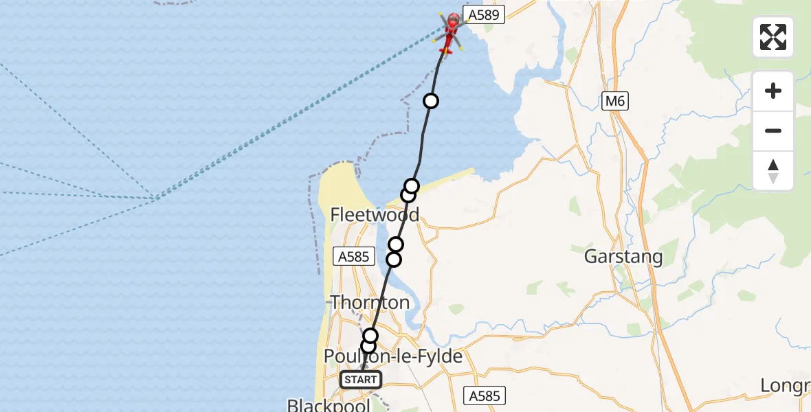 Flight route Air Ambulance Helicopter Blackpool - Overton, 24 June 2026, 12:54