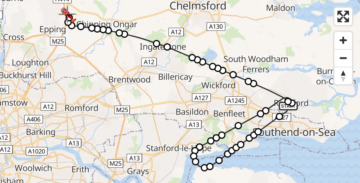 Flight route Air Ambulance Helicopter London Southend Airport - North Weald Airfield, 24 June 2026, 13:06