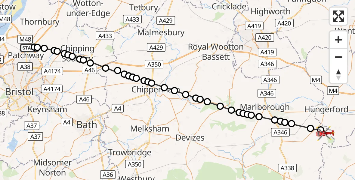 Flight route Air Ambulance Helicopter Almondsbury Helicopter Base - Ham, 24 June 2026, 13:11