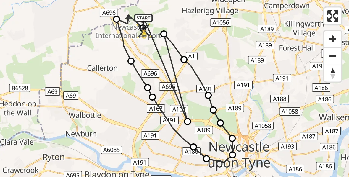Flight route Police Helicopter Newcastle International Airport - Woolsington, 24 June 2026, 13:13