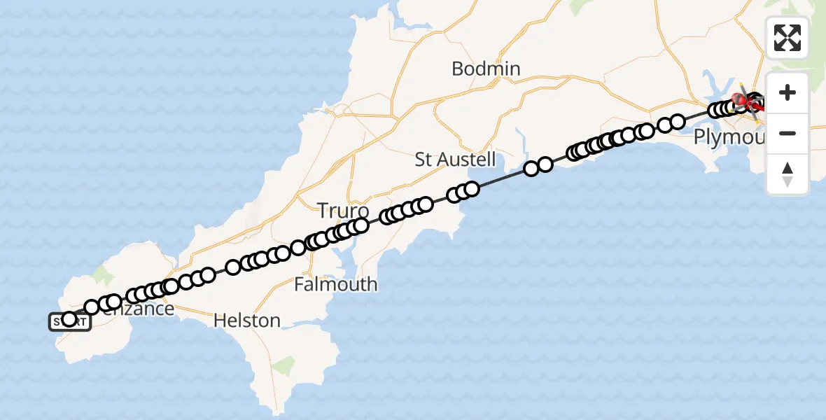 Flight route Air Ambulance Helicopter Land's End Airport - Derriford Hospital, 24 June 2026, 13:17