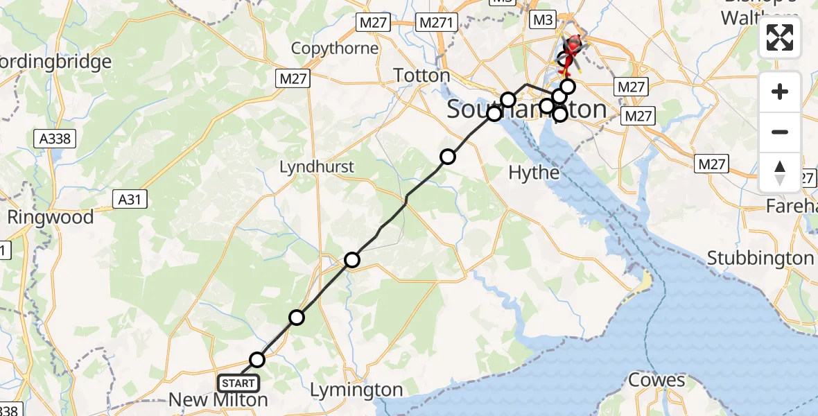 Flight route Air Ambulance Helicopter New Milton - Bitterne Park, 24 June 2026, 13:20