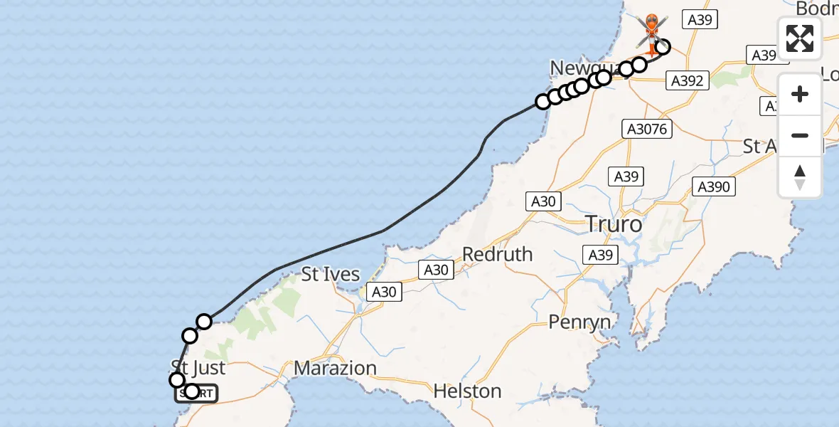 Flight route Coastguard Helicopter Land's End Airport - Cornwall Airport Newquay, 24 June 2026, 13:25