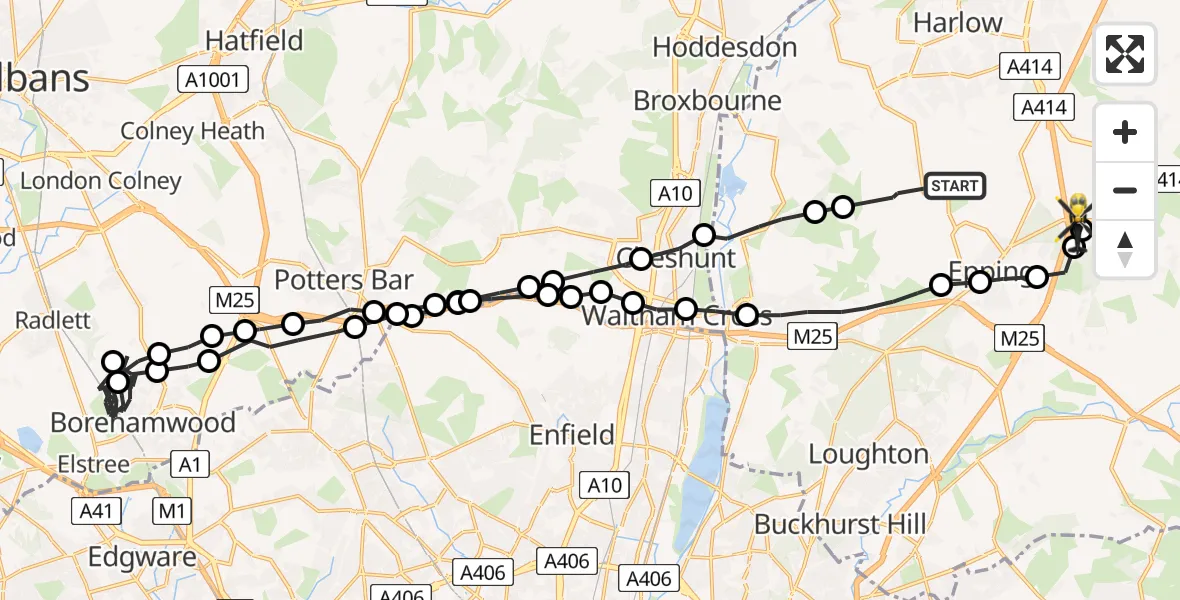 Flight route Police Helicopter Epping Green - North Weald Bassett, 24 June 2026, 13:29