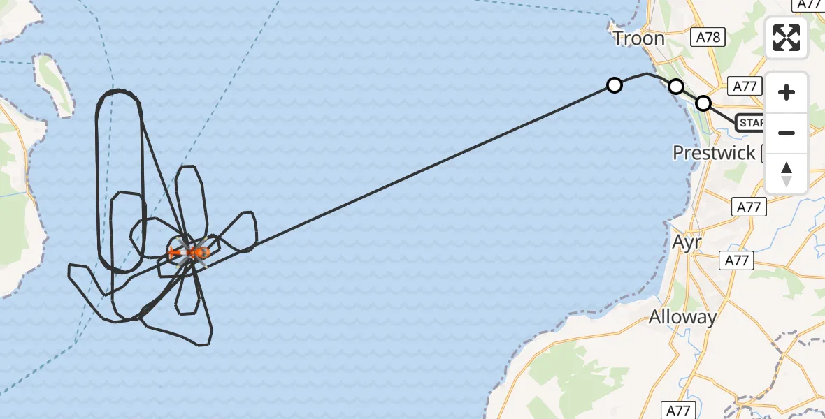 Flight route Coastguard Helicopter Glasgow Prestwick Airport - Inner Seas, 24 June 2026, 13:40