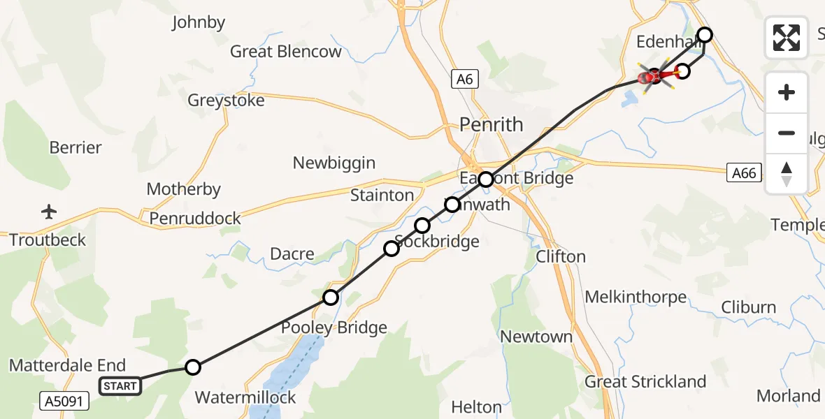 Flight route Air Ambulance Helicopter Matterdale End - Edenhall, 24 June 2026, 13:45