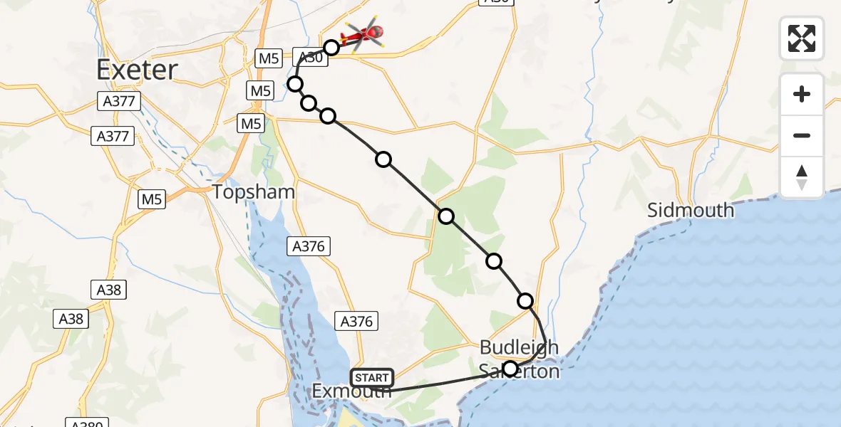 Flight route Air Ambulance Helicopter Exmouth - Exeter International Airport, 24 June 2026, 13:55