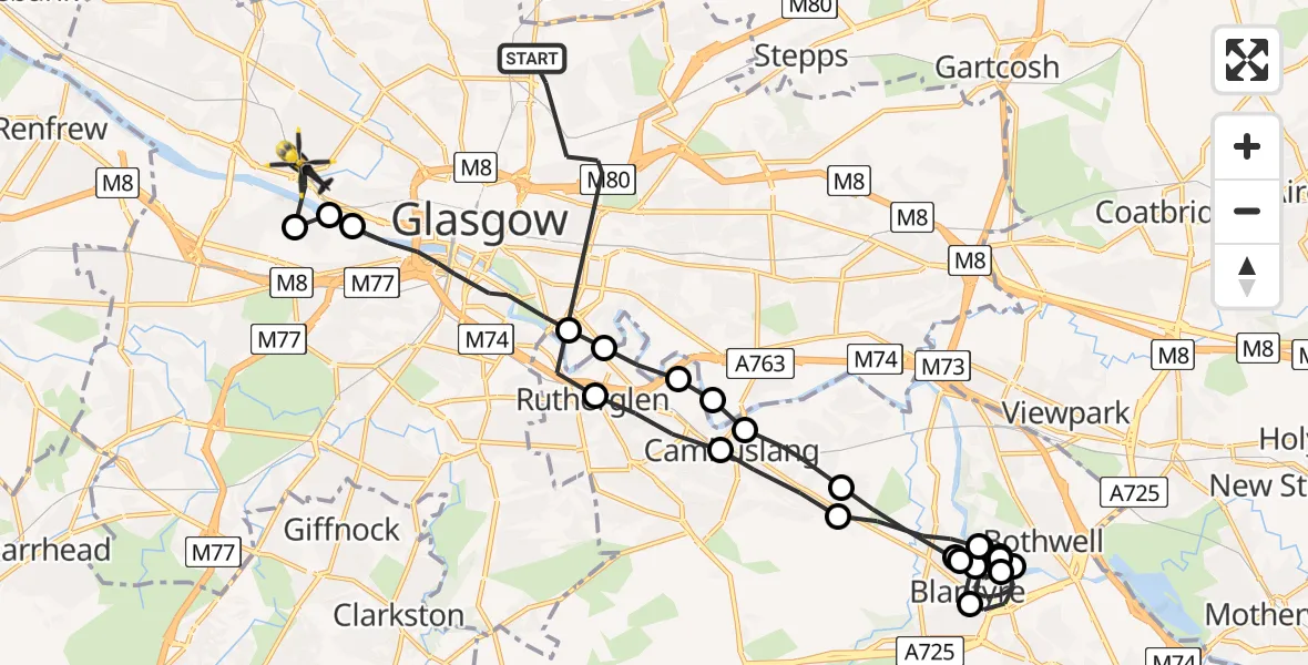 Flight route Police Helicopter Glasgow - Glasgow, 24 June 2026, 13:55
