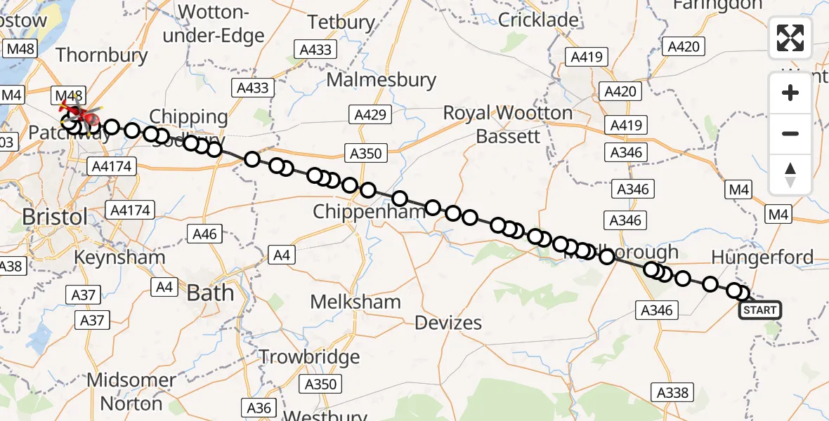 Flight route Air Ambulance Helicopter Ham - Almondsbury Helicopter Base, 24 June 2026, 14:13