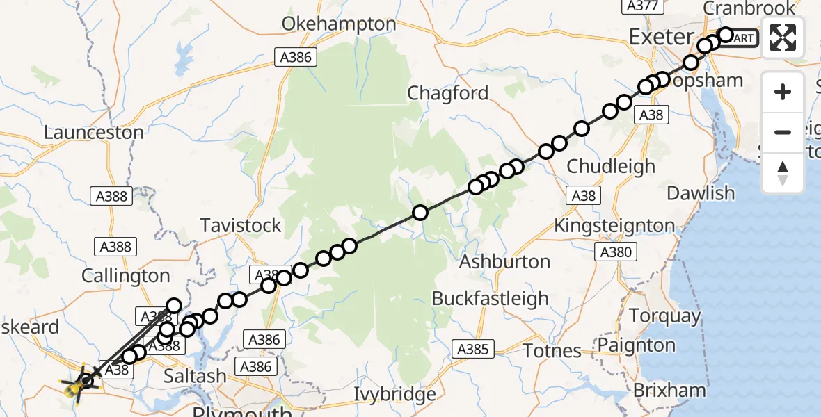 Flight route Police Helicopter East Devon - Deviock, 24 June 2026, 14:22
