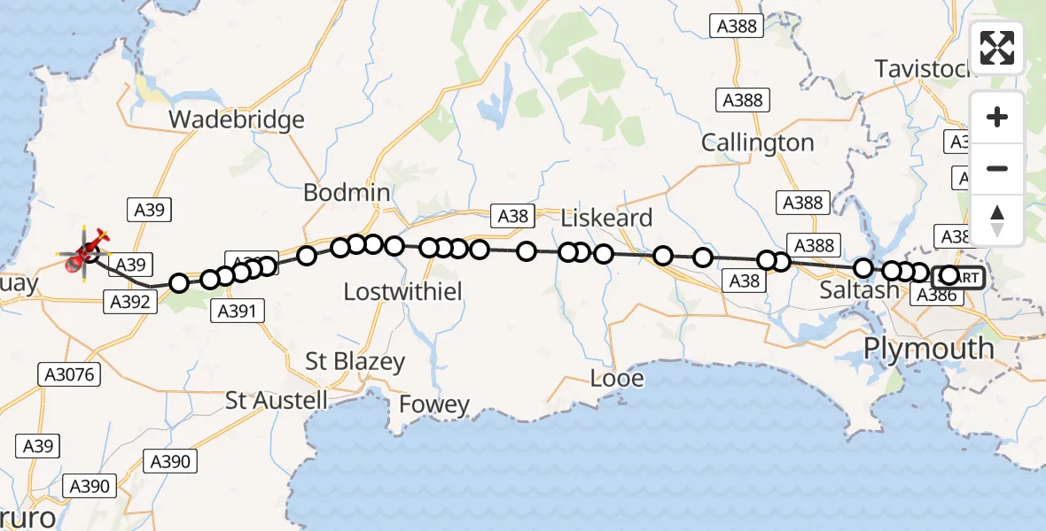 Flight route Air Ambulance Helicopter Derriford Hospital - Cornwall Airport Newquay, 24 June 2026, 14:30