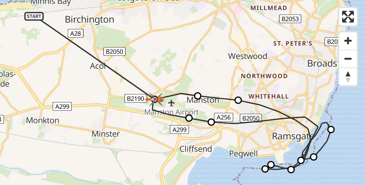 Flight route Coastguard Helicopter Minnis Bay - Manston Airport, 24 June 2026, 14:34
