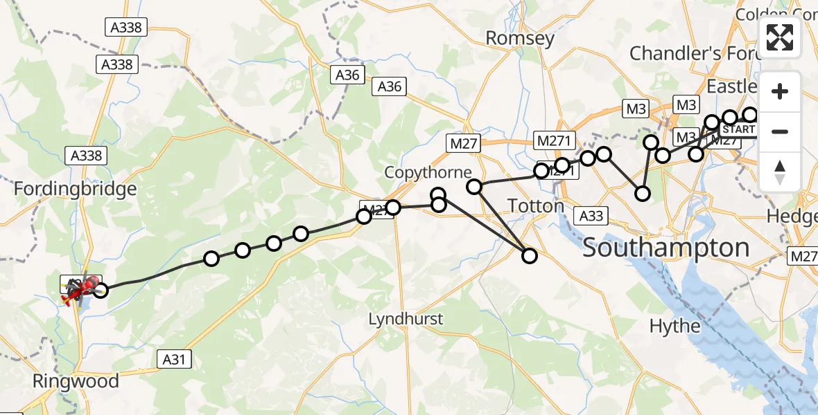 Flight route Air Ambulance Helicopter Southampton Airport - Ibsley, 24 June 2026, 14:45
