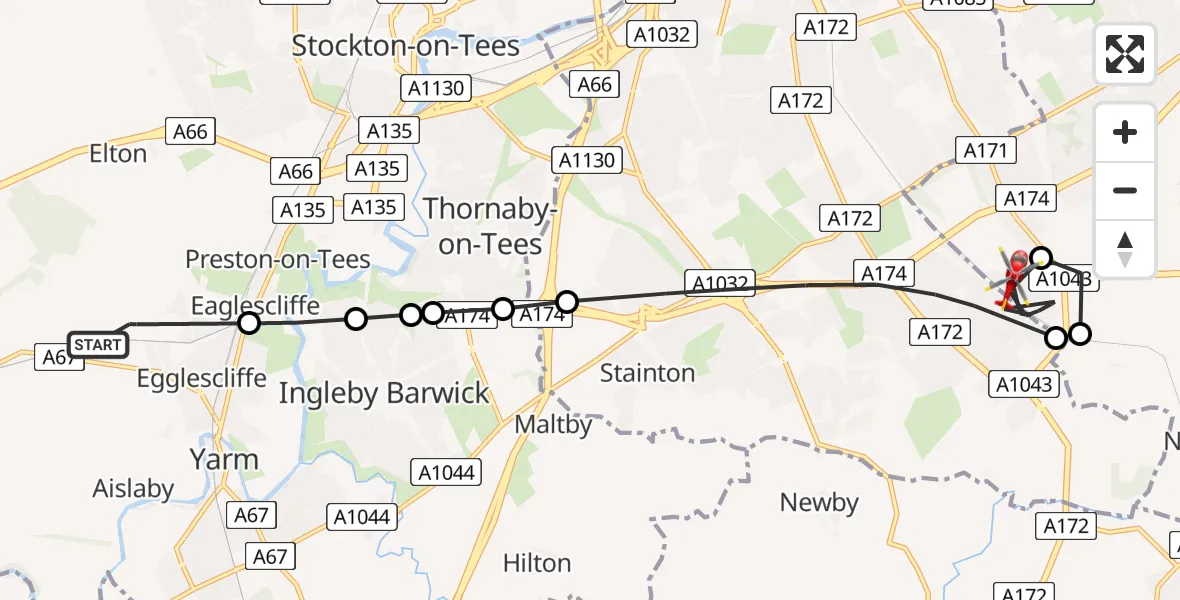 Flight route Air Ambulance Helicopter Egglescliffe - Middlesbrough, 24 June 2026, 14:57