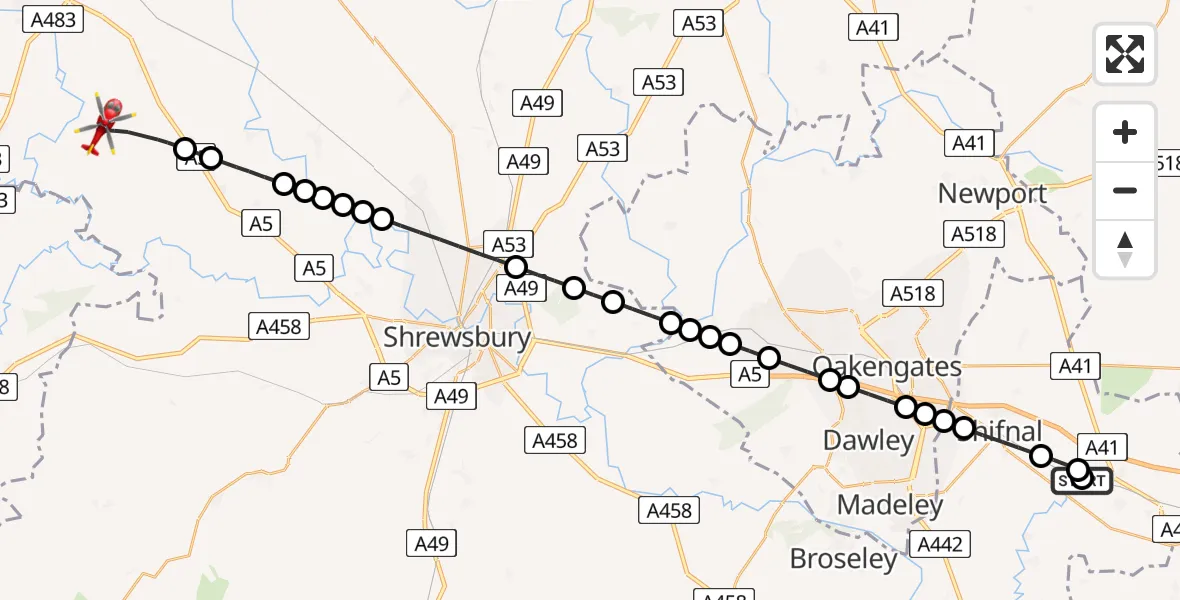 Flight route Air Ambulance Helicopter RAF Cosford - Knockin, 24 June 2026, 15:07