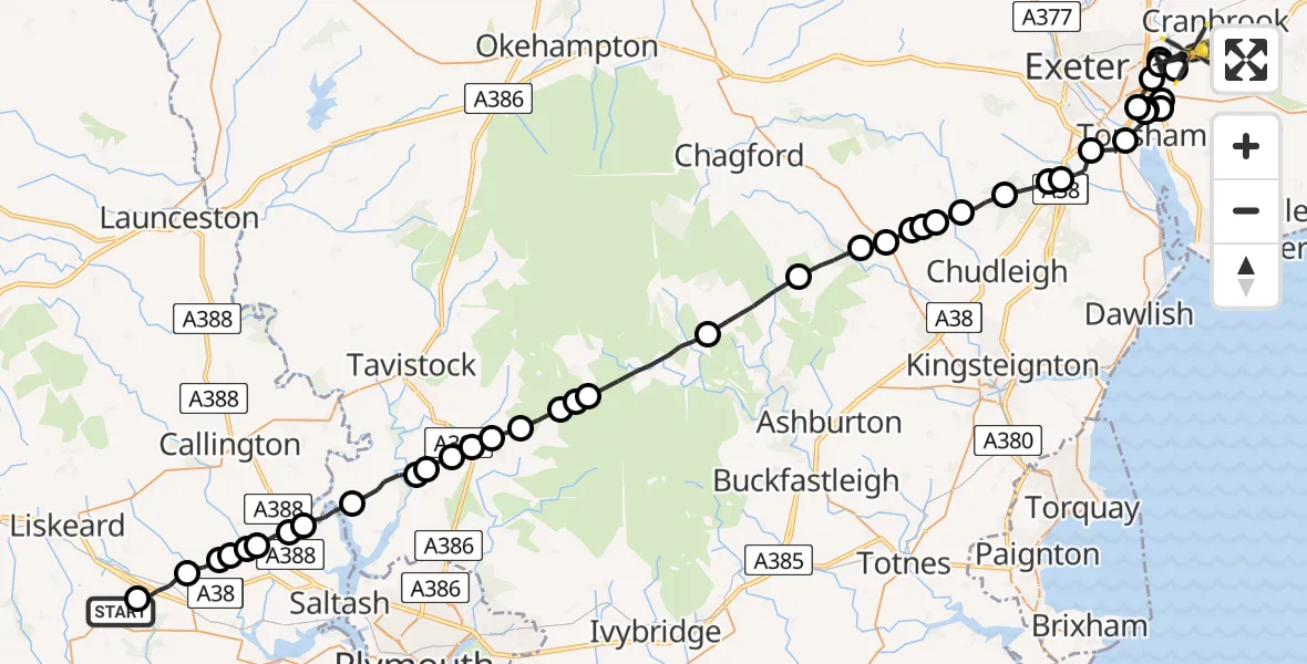 Flight route Police Helicopter Morval - Exeter International Airport, 24 June 2026, 15:16
