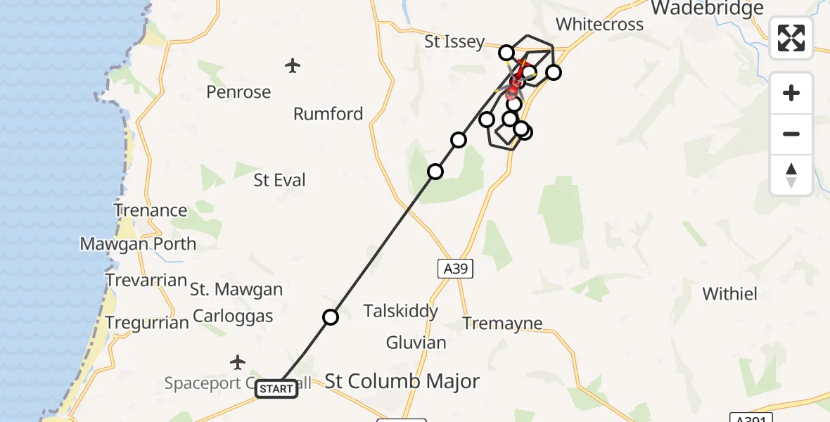 Flight route Air Ambulance Helicopter Cornwall Airport Newquay - St Issey, 24 June 2026, 15:17