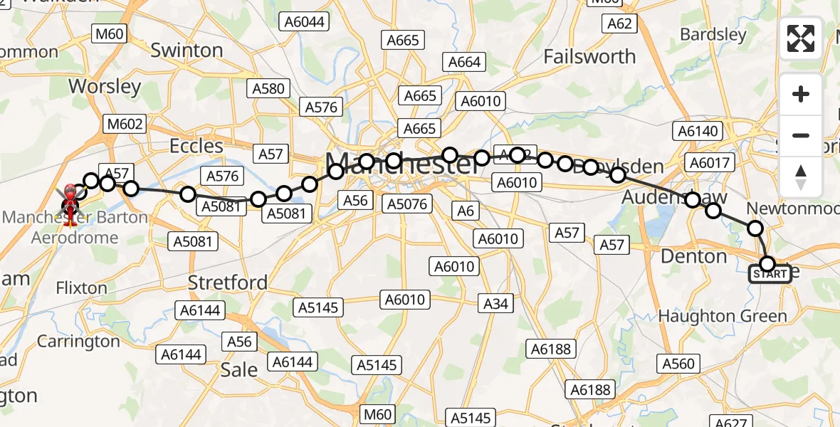 Flight route Air Ambulance Helicopter Hyde - Manchester Barton Aerodrome, 24 June 2026, 15:20