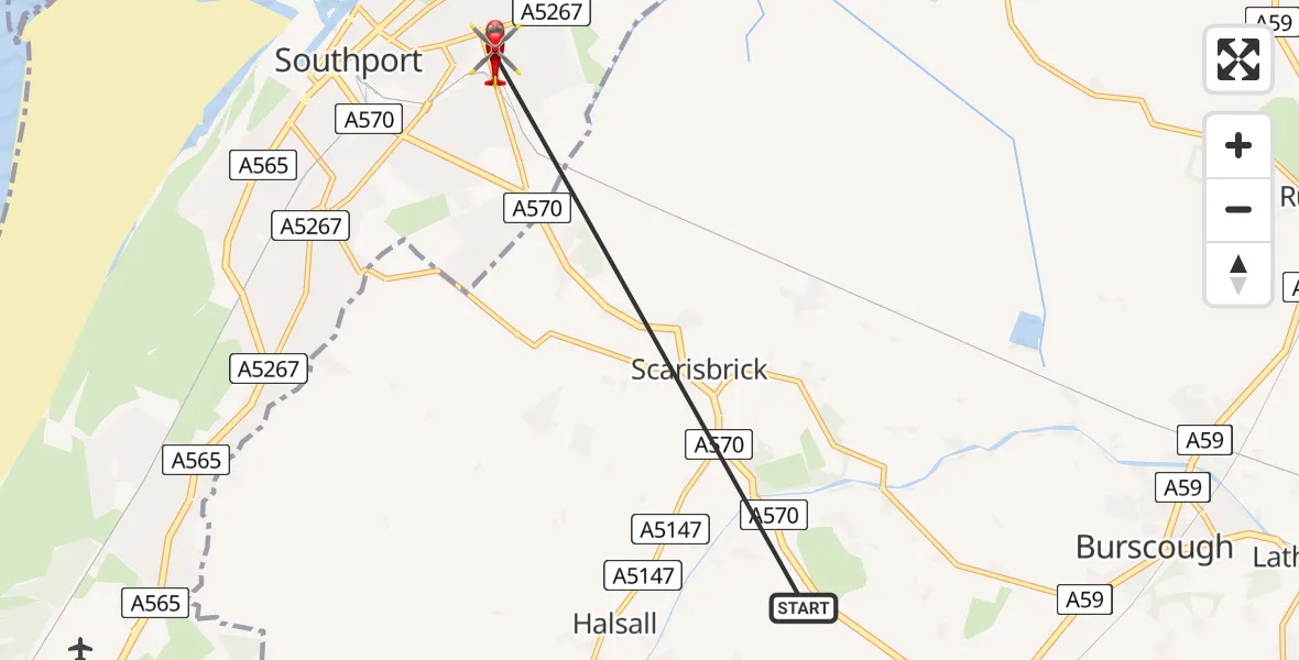 Flight route Air Ambulance Helicopter Ormskirk - Southport, 24 June 2026, 15:31