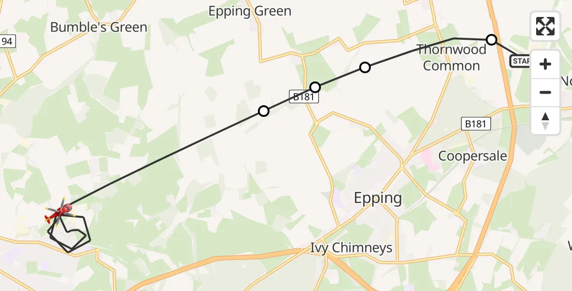 Flight route Air Ambulance Helicopter North Weald Airfield - Epping Forest, 24 June 2026, 15:31
