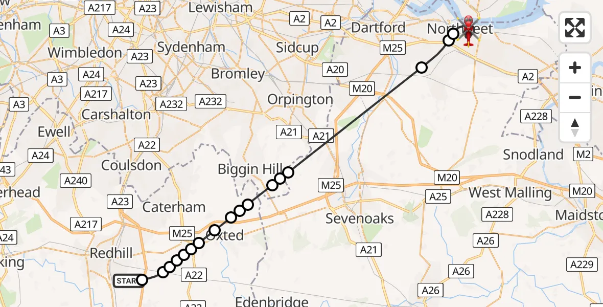 Flight route Air Ambulance Helicopter Redhill Aerodrome - Northfleet, 24 June 2026, 15:35