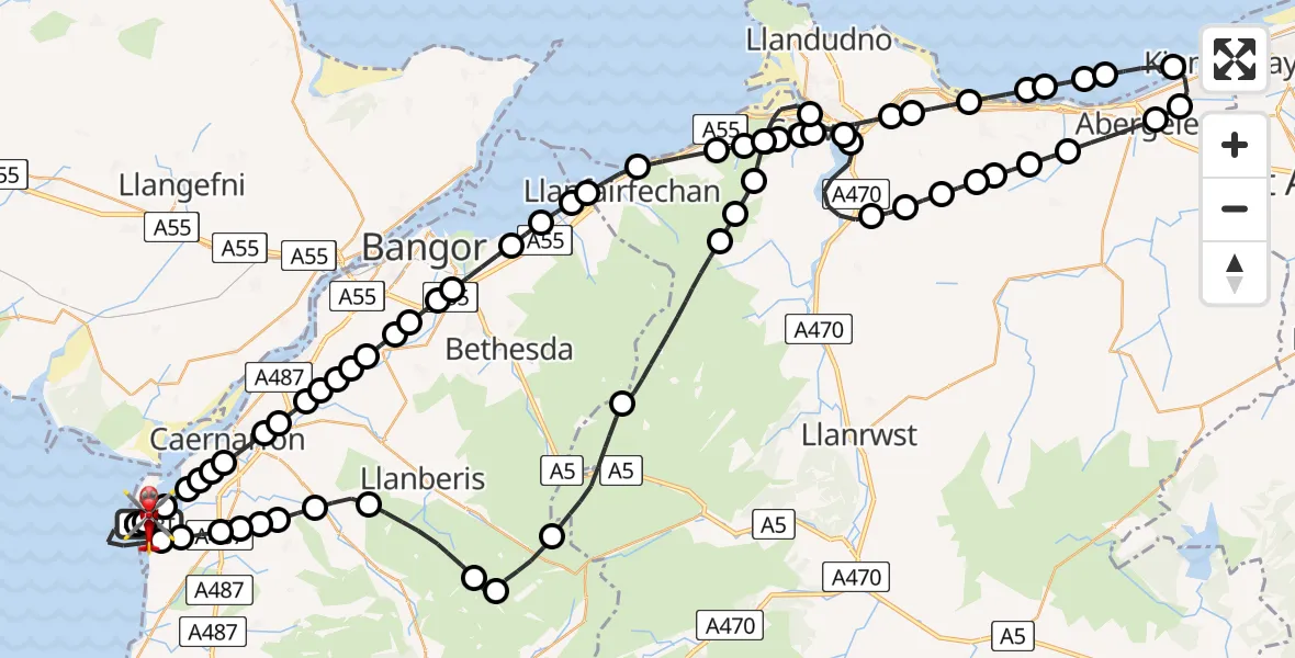 Flight route Air Ambulance Helicopter Caernarfon Airport - Caernarfon Airport, 24 June 2026, 15:38