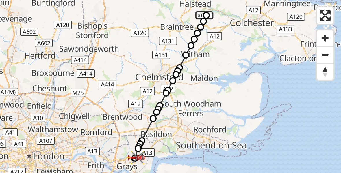 Flight route Air Ambulance Helicopter Earls Colne Airfield - Orsett, 24 June 2026, 15:56