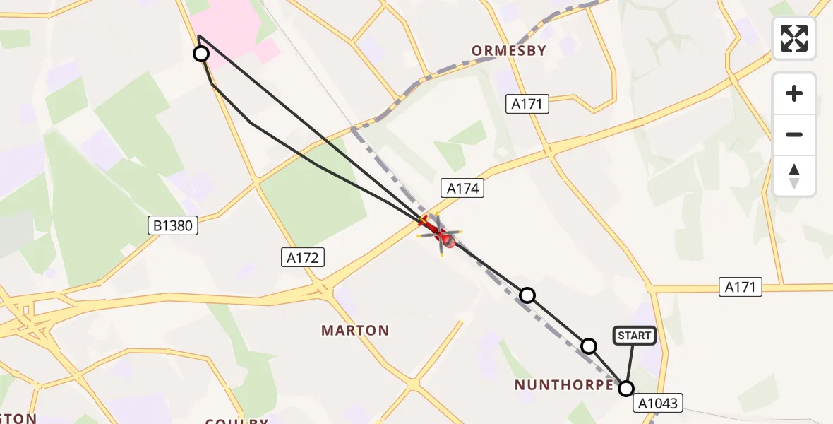 Flight route Air Ambulance Helicopter Middlesbrough - Middlesbrough, 24 June 2026, 15:56