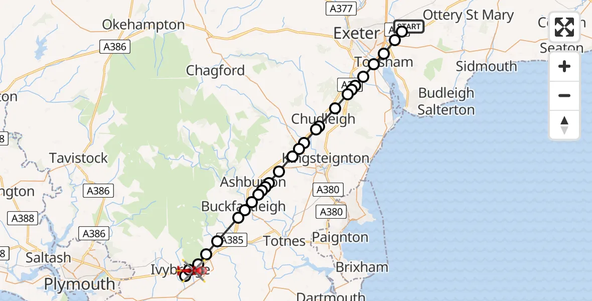 Flight route Air Ambulance Helicopter Exeter International Airport - Bittaford, 24 June 2026, 15:58